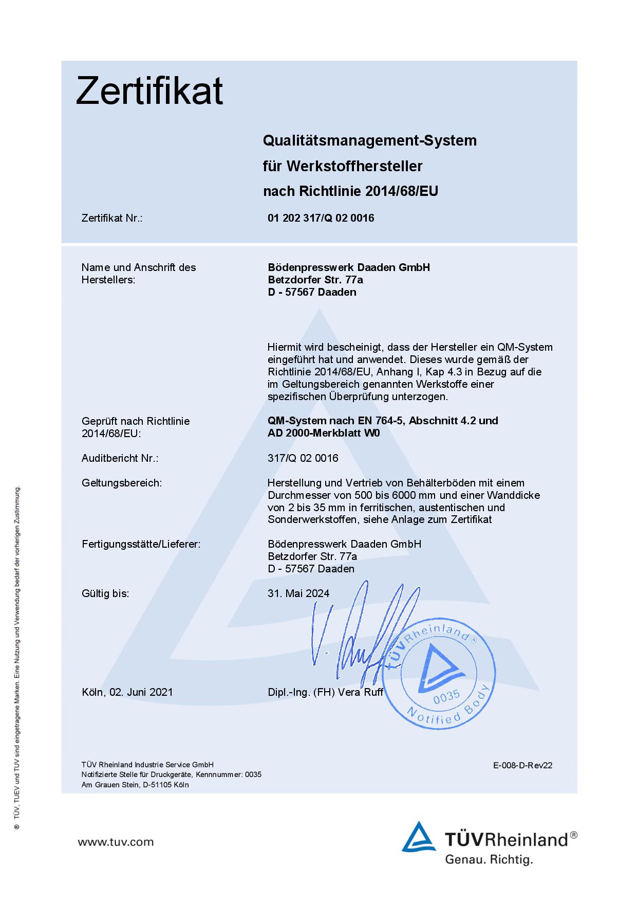 TÜV Zertifikat 2014-68-EU