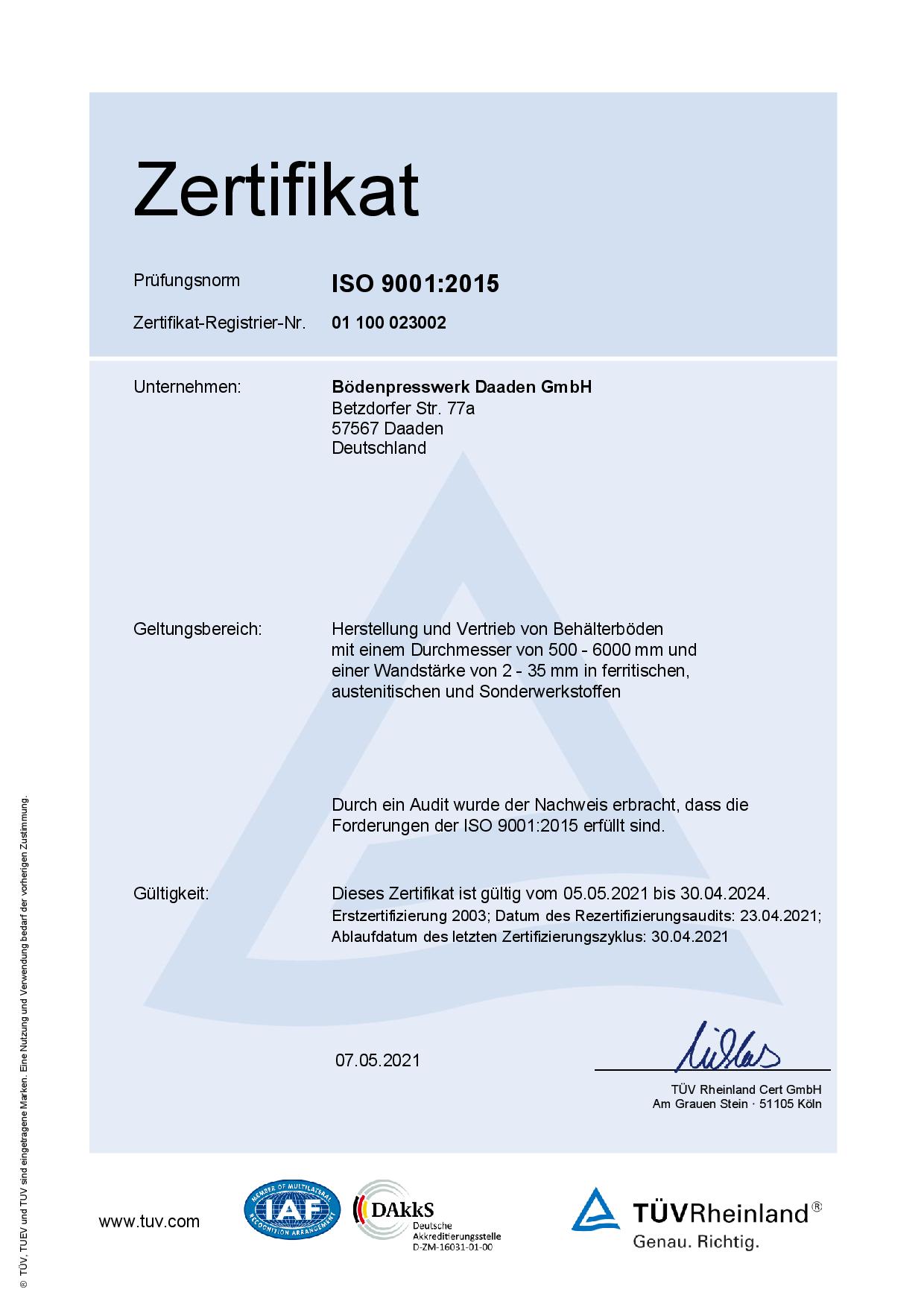 TÜV-Zertifikat ISO 9001-2015 DE